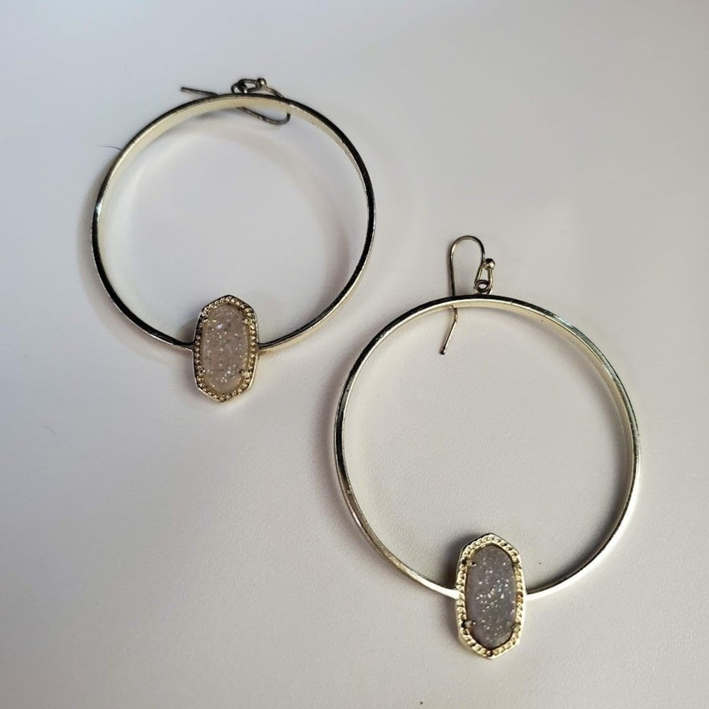 Kendra Scott Elora Hoop Earrings Iridescent Drusy Oval Charm Large Gold Plate